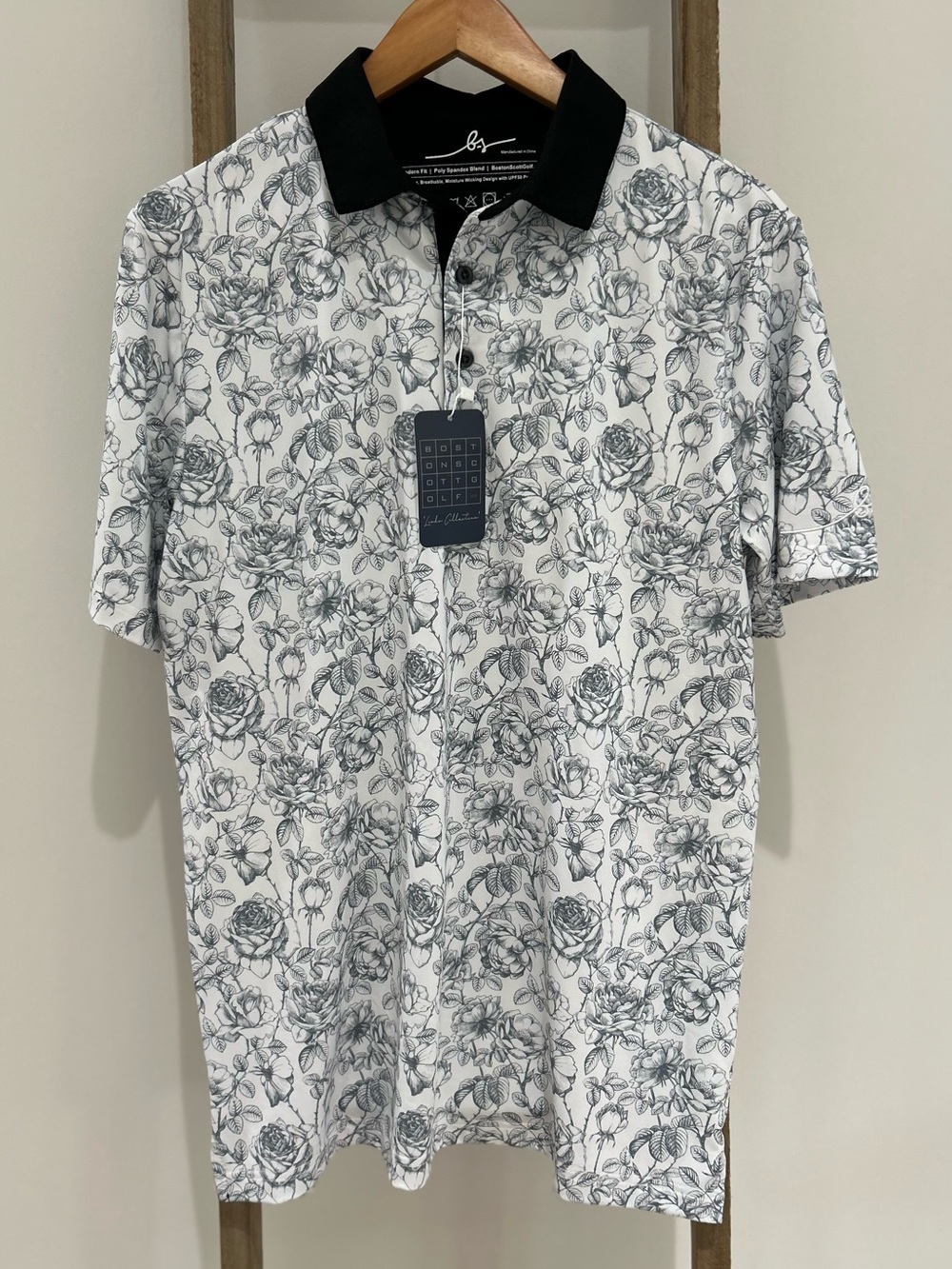 NWT Boston Scott Men’s Performance Golf Floral Black Polo Shirt Size S Classic